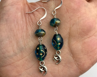 Celestial Deep Aqua Czech Glass Stars + Moons Dangle Earrings | Blue Glass Beads, Moon Star Charms Boho Style Earrings, Silver Tone Finishes