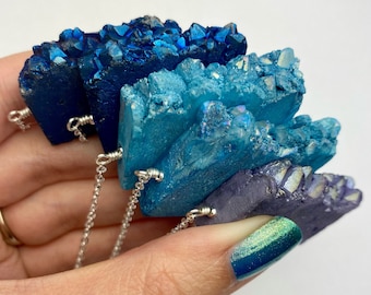 Unique Iridescent Quartz Geode Gemstone Slab Necklace | Bright Blue + Purple Quartz Geode Druzy Pendant, 18”-20” Silver Tone Clasp Necklace