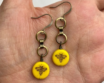 Bright Yellow Honey Bee + Dangle Earrings | Yellow Czech Glass Bees + Brass Chain Long Dangles, Boho Drop Earrings, Antiqued Brass Finishes