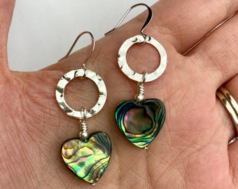 Abalone Hearts + Hammered Circle Dangle Earrings | Valentine Earrings, Gemstone Hearts + Hammered Silver Chain, Silver Tone Finishes