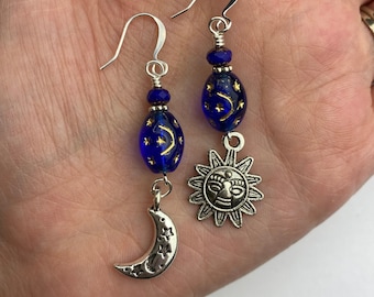 Celestial Midnight Blue Czech Glass Suns + Moons Dangle Earrings | Blue Glass Beads, Moon + Sun Charms BohoDrop Earrings, Silver Tone Finish