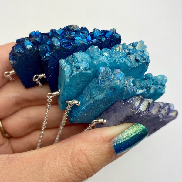 Unique Iridescent Quartz Geode Gemstone Slab Necklace | Bright Blue + Purple Quartz Geode Druzy Pendant, 18”-20” Silver Tone Clasp Necklace