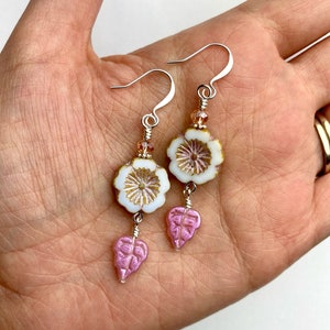 Opalescent Pink Floral + Leaf Double Dangle Earrings | Iridescent Czech Glass Flowers + Leaves, Boho Drop Earrings, Silver Tone Finishes