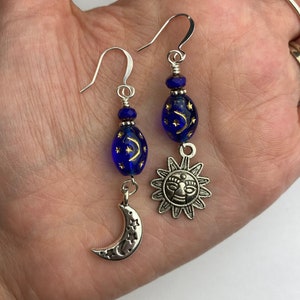 Celestial Midnight Blue Czech Glass Suns + Moons Dangle Earrings | Blue Glass Beads, Moon + Sun Charms BohoDrop Earrings, Silver Tone Finish