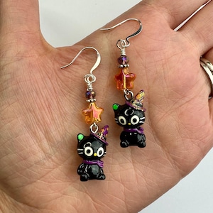 Cute Cartoon Witchy Kitty + Star Dangle Earrings | Resin Black Cat Charm + Czech Glass Beads, Halloween Drop Earrings, Silver Tone Finishes