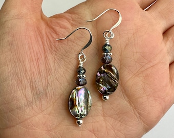 Abalone Ovals + Smokey Glass Stacked Dangle Earrings | Gemstone Oval + Purple Glass Bead Earrings, Boho Jewelry, Silver Tone Finishes