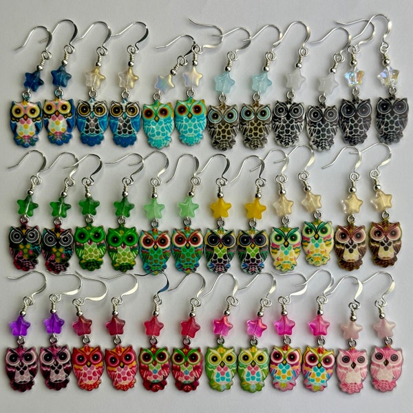 Choose Your Color Owl Colorful Dangle Earrings | Rainbow Owls Enamel Charms, Animal Beads, Cute Drop Earrings, Silver Tone Finishes