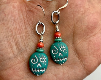 Turquoise Matte Finish Sugar Skulls + Silver Link Dangle Earrings | Dia de los Muertos Jewelry, Coral Czech Glass Bead, Silver Tone Finishes