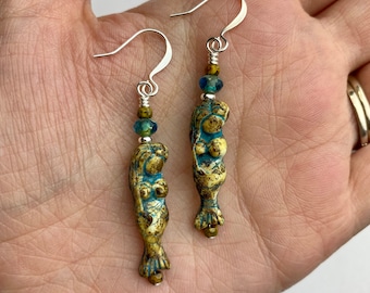 Blue + Beige Neutral Mermaid Dangle Earrings | Pressed Czech Glass Mermaids Beads, Long Dangle Boho Drop Earrings, Silver Tone Finishes