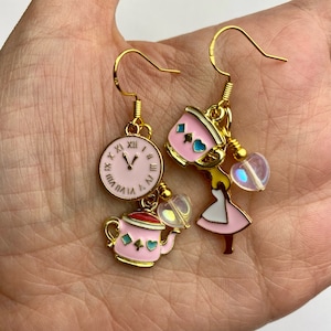 Pink Alice in Wonderland Shorter Dangle Earrings | White Rabbit Alice in Wonderland Charms Disney Inspired Drop Earrings Gold Tone Finishes