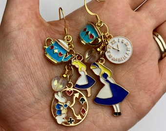 Blue Alice in Wonderland Dangle Earrings | White Rabbit, Alice in Wonderland Enamel Charms, Disney Inspired Drop Earrings Gold Tone Finishes