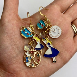 Blue Alice in Wonderland Dangle Earrings | White Rabbit, Alice in Wonderland Enamel Charms, Disney Inspired Drop Earrings Gold Tone Finishes