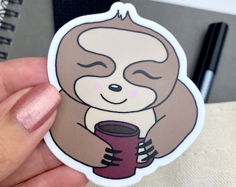 Coffee Sloth Sticker | Cute Sloth Custom Vinyl Sticker | Waterproof Coffee Sloth Sticker for Planner, Phone Case, Laptop, Coffee Lover Gift
