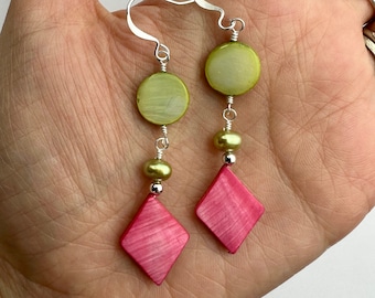 LONG Pink + Lime Mother of Pearl + Pearls Dangle Earrings | Shell Gemstone + Contrast Color Pearl Boho Drop Earring, Silver Tone Finishes
