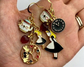 Black + White Alice in Wonderland Dangle Earrings | White Rabbit Alice in Wonderland Charms Disney Inspired Drop Earrings Gold Tone Finishes