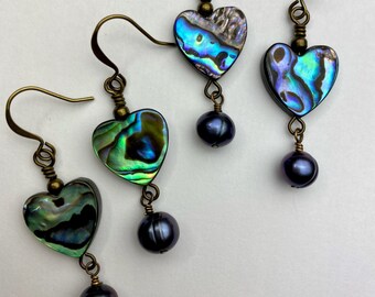 Abalone Hearts + Indigo Freshwater Pearl Dangle Earrings | Valentine Earrings, Gemstone Hearts + Pearl Beads, Antique Brass Finishes