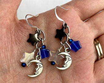 Moon and Stars Celestial Multi Dangle Earrings | Silver Moons and Czech Glass Stars, Moon and Star Drop Earrings, Silver Tone Finishes