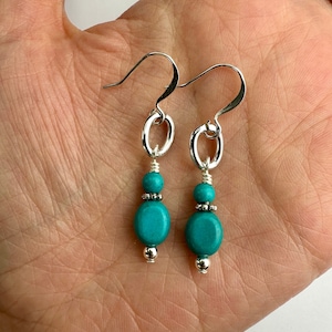 Turquoise Blue Dyed Magensite + Silver Link Dangle Earrings | Dyed Gemstone Turquoise Beads, Boho Drop Earrings, Silver Tone Finishes