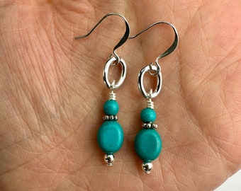 Turquoise Blue Dyed Magensite + Silver Link Dangle Earrings | Dyed Gemstone Turquoise Beads, Boho Drop Earrings, Silver Tone Finishes