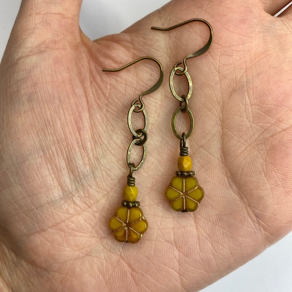Golden Yellow Flower + Long Chain Dangle Earrings | Retro Style Tiny Mustard Czech Glass Flowers, Boho Drop Earrings, Antique Brass Finishes