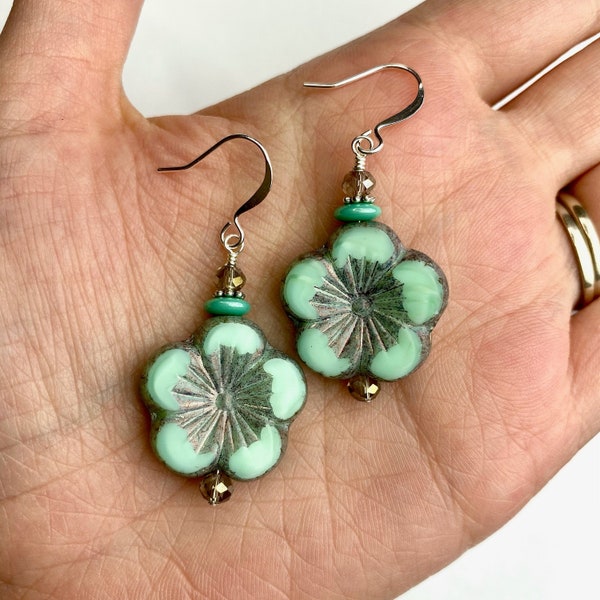 Large Pale Blue + Gray Flower Dangle Earrings | Retro Style Soft Turquoise Czech Glass Flowers Boho Drop Earrings Silver Tone Finishes