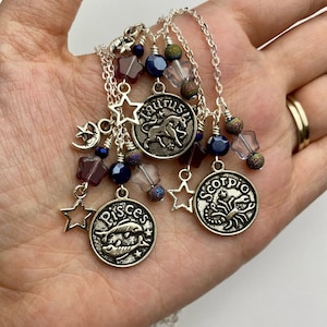 Zodiac Signs Pendant + Multi Dangle Celestial Necklace | Astrology Charm + Czech Glass Bead Cluster, 16”-18” Silver Tone Clasp Necklace
