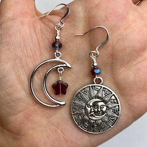 BIG Zodiac Sun and Moon + Dangly Stars and Crescent Moon Earrings | Purple Czech Glass Boho Style Mismatched Drop Earring Silver Tone Finish
