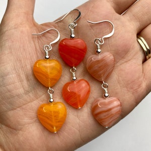 Warm Tones Colorful Striped Czech Glass Heart Double Dangle Earrings | Colorful Hearts Czech Beads, Cute Drop Earrings, Silver Tone Finishes