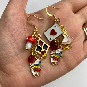 Alice in Wonderland + White Rabbit Dangle Earrings | Playing Cards + Mushrooms Charms Disney Inspired Drop Earrings Gold Tone Finishes