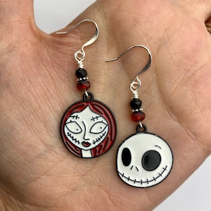 Halloween Jack + Sally Nightmare Before Christamass Inspired Dangles | Skull Halloween Jewelry Boho Style Drop Earrings Silver Tone Finishes