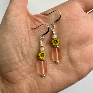 Clear Baby Pink Czech Glass Rectangle + Chartreuse Daisy Dangle Earrings | Table Cut Glass Bead, Boho Style Drop Earring, Silver Tone Finish