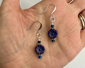 Dainty Indigo Flowers Czech Glass Dangle Earrings | Carved Floral Dark Blue Czech Glass Beads, Boho Style Drop Earrings Silver Tone Finishes