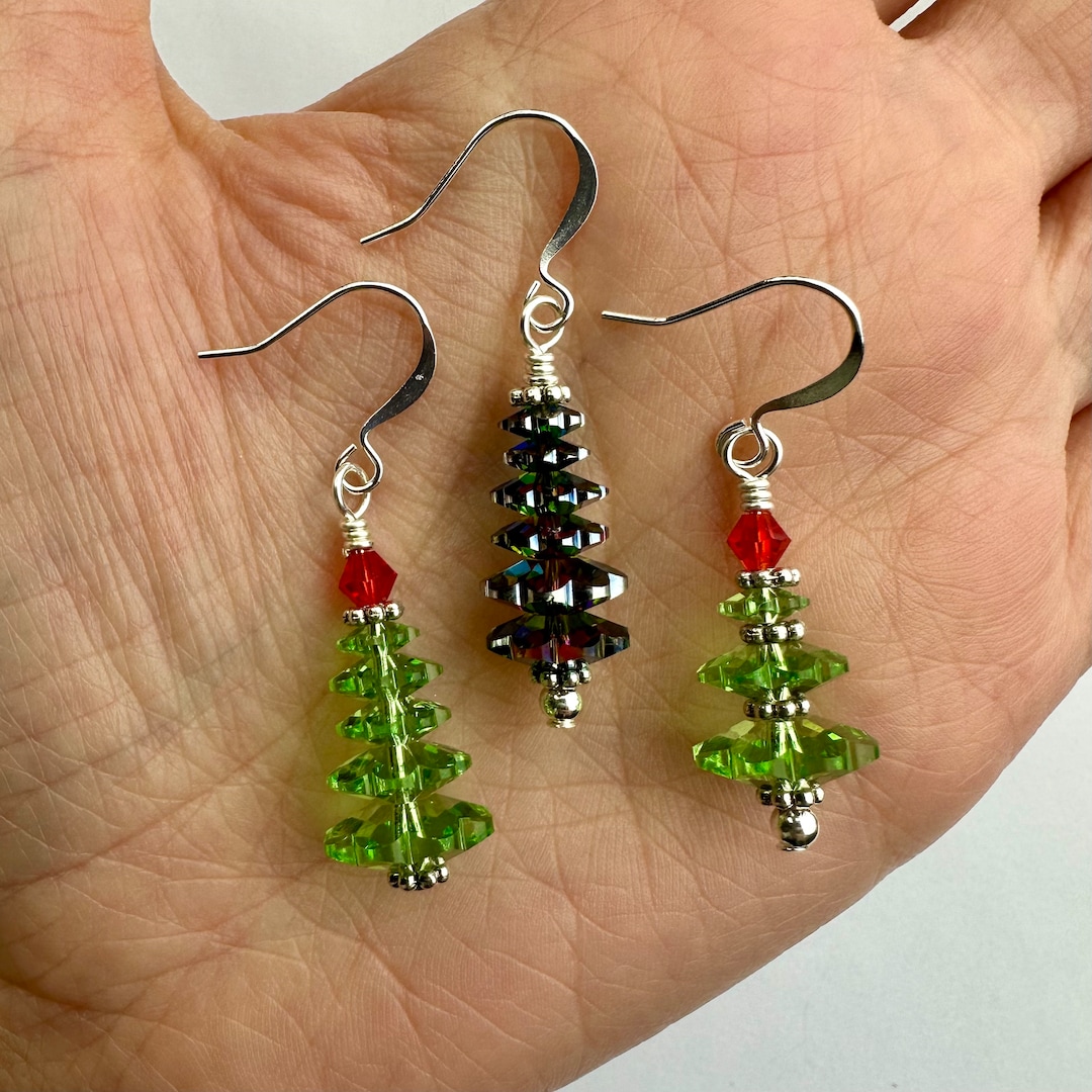 Green Red Swarovski Crystal Christmas Trees Earrings Festive Earrings, Winter Holiday Jewelry