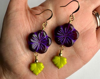Royal Purple Floral + Chartreuse Leaf Dangle Earrings | Czech Glass Flowers + Green Leaves, Dark Purple Flowers, Gold Tone Finishes
