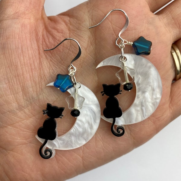 Black Cat + Crescent Moon and Stars Earrings | Halloween Cat, Moons and Stars, Acrylic Jewelry, Boho Style Drop Earrings, Silver Tone Finish