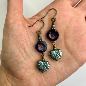 Iridescent Leaves + Deep Blue Flowers Double Dangle Earrings | Pretty Czech Glass Flowers, Boho Drop Earrings, Antiqued Brass Tone Finishes