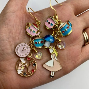 Pink + Blue Alice in Wonderland + White Rabbit Dangle Earrings | Mushroom + Tea Cup Charms Disney Inspired Drop Earrings Gold Tone Finishes