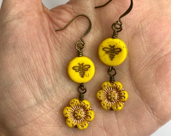 Bright Yellow Honey Bee + Flower Dangle Earrings | Yellow Czech Glass Bees and Yellow Flowers, Boho Drop Earrings, Antiqued Brass Finishes