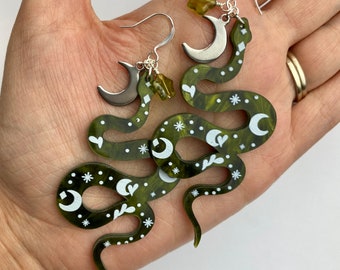 Extra Large Celestial Snake Earrings | Deep Green Serpent + Moons and Stars, Acrylic Jewelry, Boho Style Drop Earrings, Silver Tone Finish