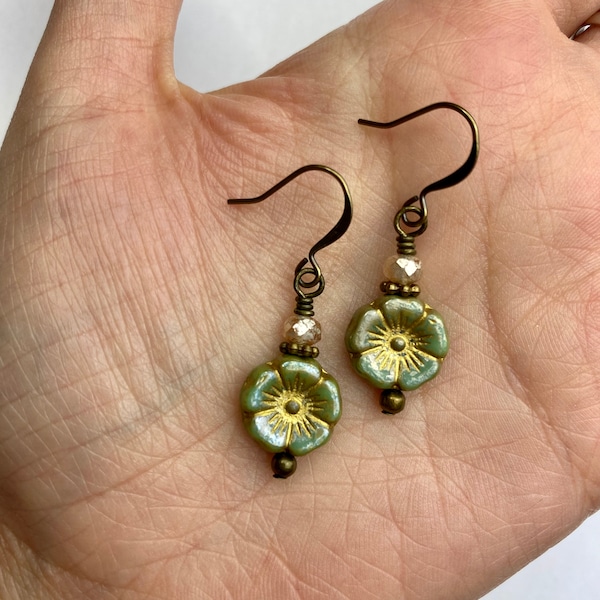 Dainty Soft Green Flower Dangle Earrings | Retro Avocado Green Czech Glass Flowers, Boho Drop Earrings, Antique Brass Finishes