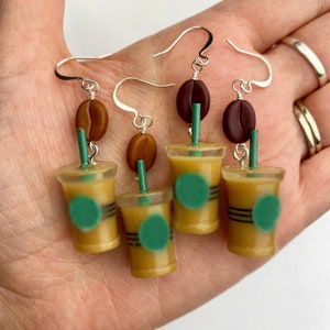 Iced Coffee + Coffee Beans Dangle Earrings | To Go Cups, Resin Coffee Cup Charms, Czech Glass Coffee Bean Beads, Silver Tone Finishes