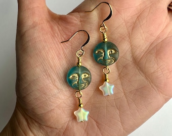 Frosty Full Moons + Czech Glass Stars Double Dangle Dangle Earrings | Blue Glass Beads, Moon + Star Boho Style Drop, Gold Tone Finishes