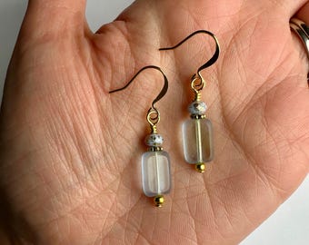 Softest Sky Blue Czech Glass + Gold Earrings | Transparent Blue + Periwinkle Glass Beads, Boho Drop Earrings, Gold Tone Finishes