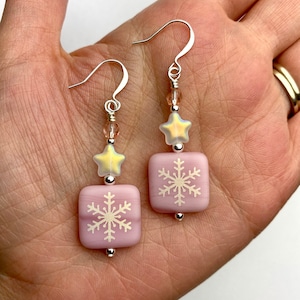 Pink Snowflakes and Iridescent Stars Dangles | Christmas Snowflakes Czech Glass Beads, Winter Holiday Earrings, Silver Tone Finishes