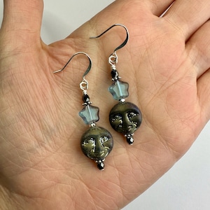 Full Moons + Czech Glass Stars Dangle Earrings | Deep Blue Glass Beads, Moon and Star Charms Boho Style Drop Earrings, Silver Tone Finishes
