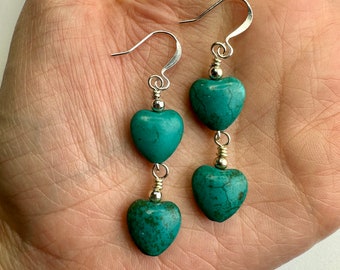 Turquoise Dyed Howlite Double Dangle Heart Earrings | Bright Blue Dyed Gemstone Heart Beads, Long Boho Drop Earrings, Silver Tone Finishes