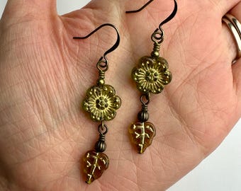 Olive Green Retro Flowers + Leaves Double Dangle Earrings | Czech Glass Flowers, Boho Drop Earrings, Antiqued Brass Tone Finishes