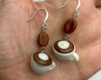 Cappuccino Cups + Coffee Beans Dangle Earrings | Resin Coffee Cup Charms, Czech Glass Coffee Bean Drop Earrings, Silver Tone Finishes