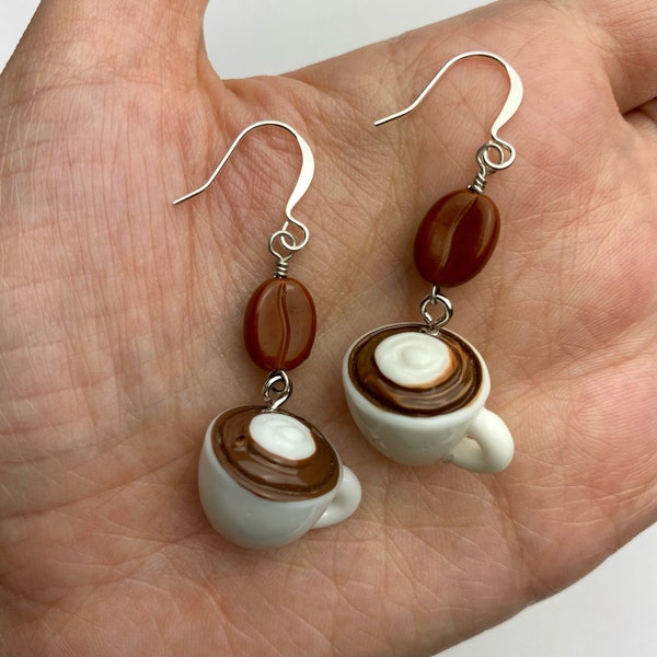Cappuccino Cups + Coffee Beans Dangle Earrings | Resin Coffee Cup Charms, Czech Glass Coffee Bean Drop Earrings, Silver Tone Finishes