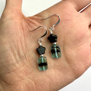 Aqua + Black Striped Rectangles & Stars Czech Glass Dangle Earrings | Table Cut Picasso Glass Beads, Boho Style Drop, Silver Tone Finishes